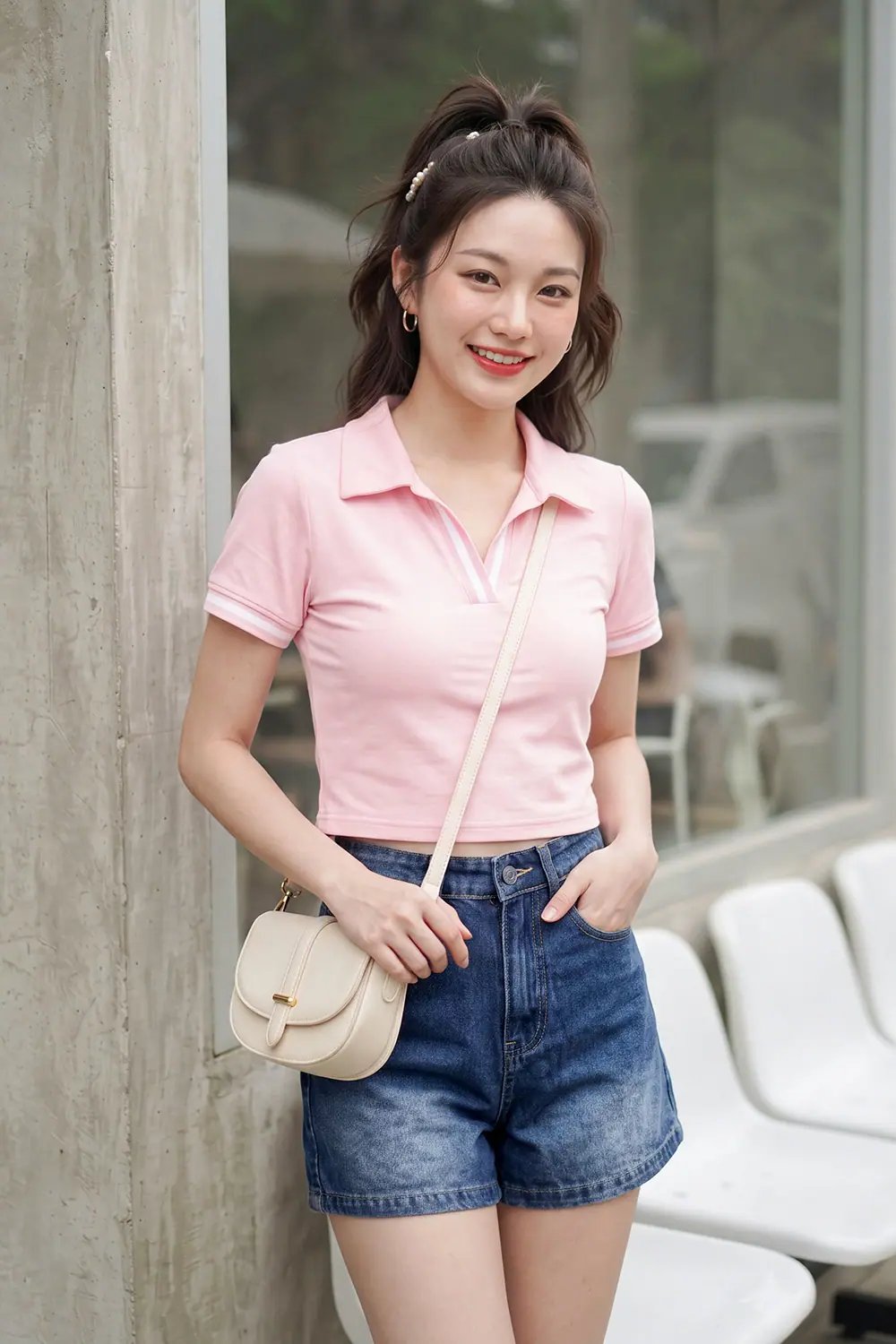 Áo thun polo màu hồng viền trắng