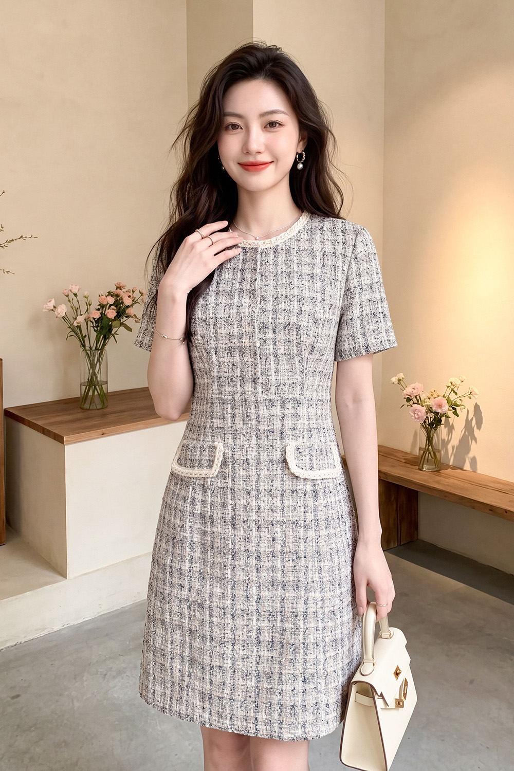 Đầm tweed công sở dáng chữ A