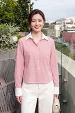 Áo sơ mi nữ sọc hồng phối trắng