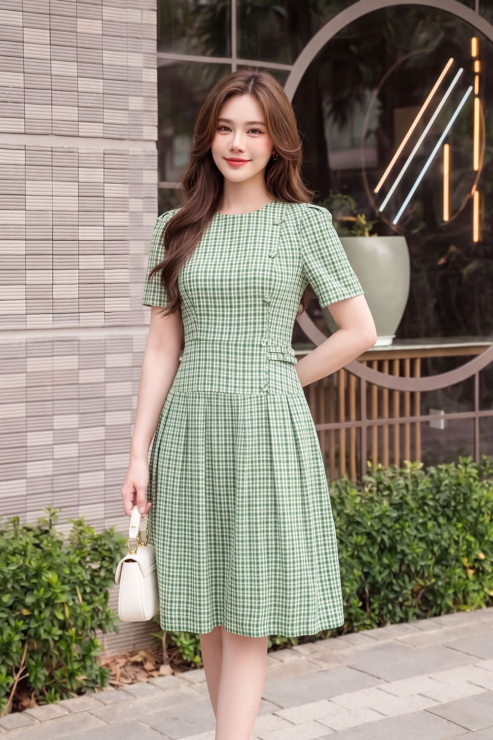 Đầm caro xanh dáng xòe xếp ly