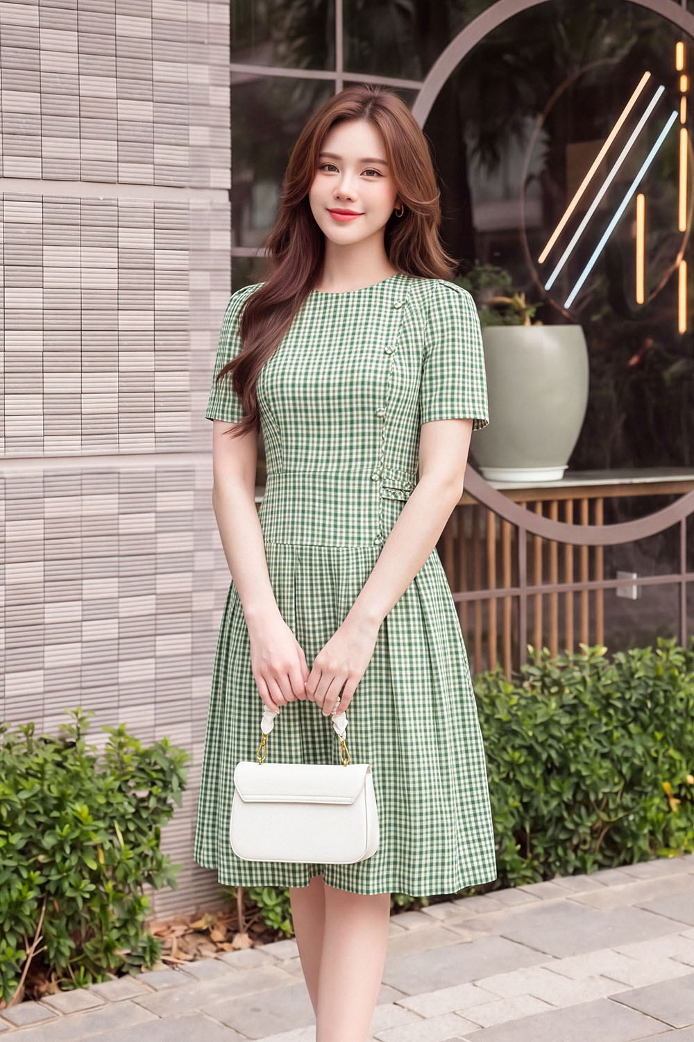 Đầm caro xanh dáng xòe xếp ly