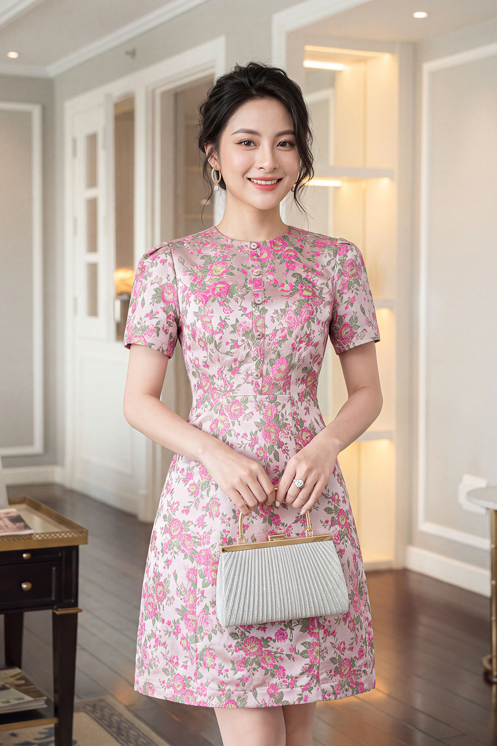Đầm hoa đính nút dáng chữ A tay ngắn