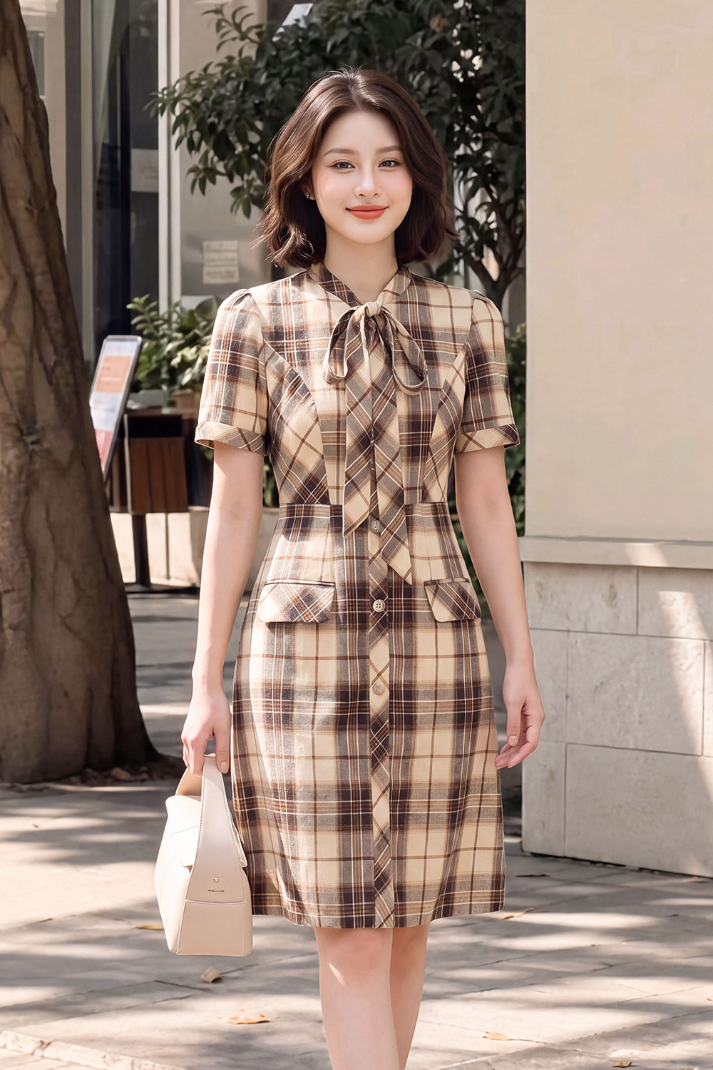 Đầm caro dáng chữ A cổ phối nơ