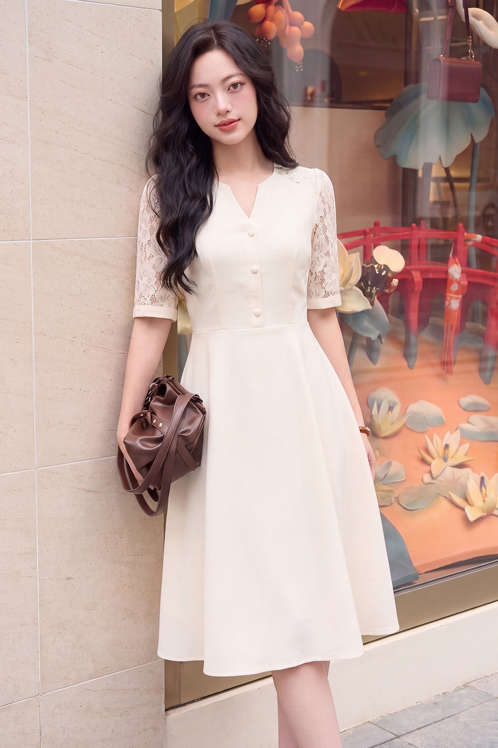 Đầm dáng xòe tay phối ren cổ cách điệu