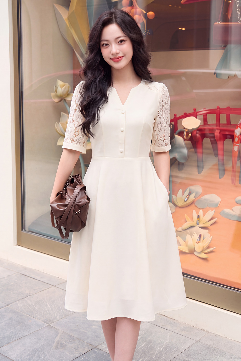 Đầm dáng xòe tay phối ren cổ cách điệu