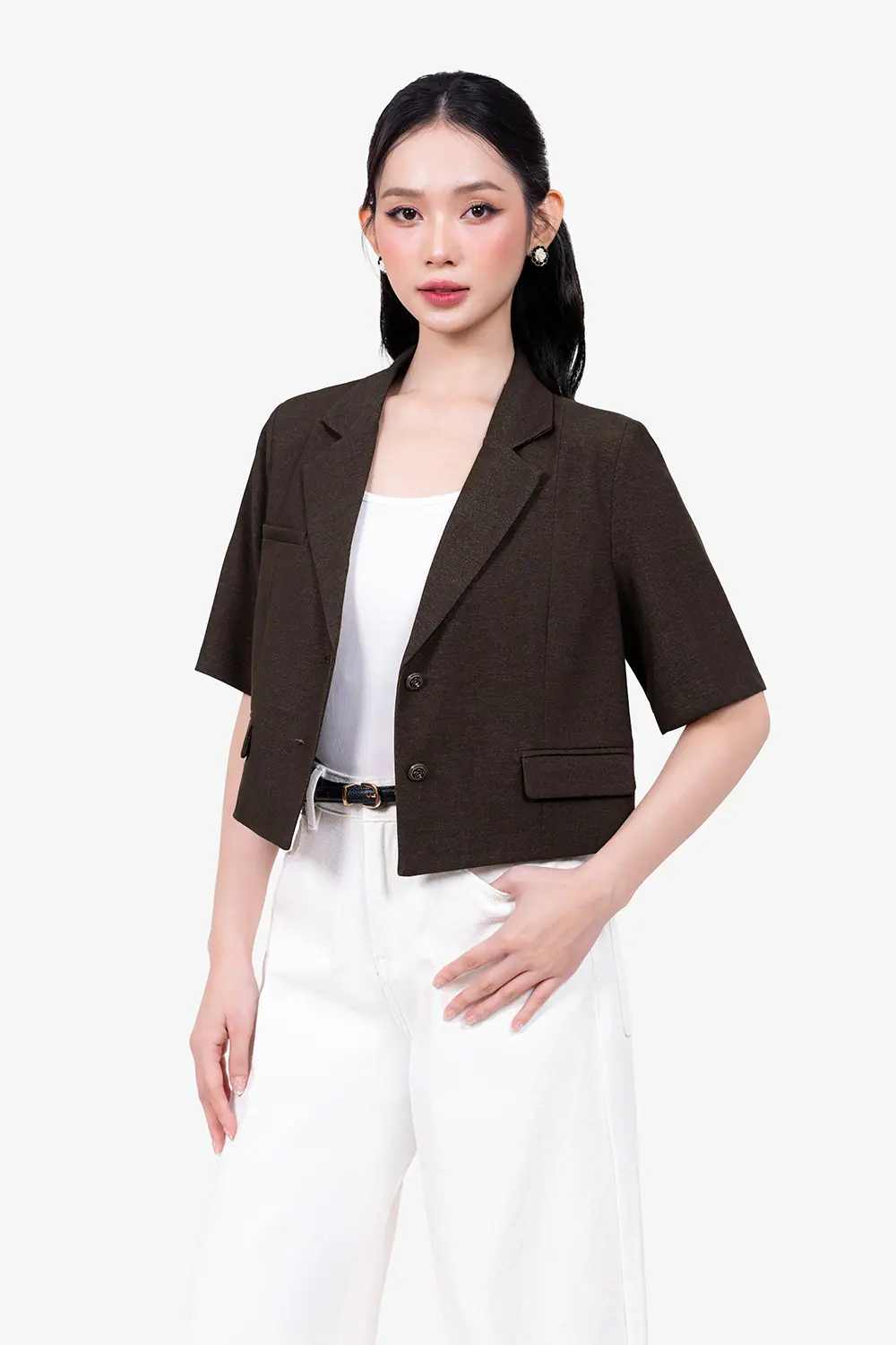 Áo khoác blazer ngắn tay màu nâu