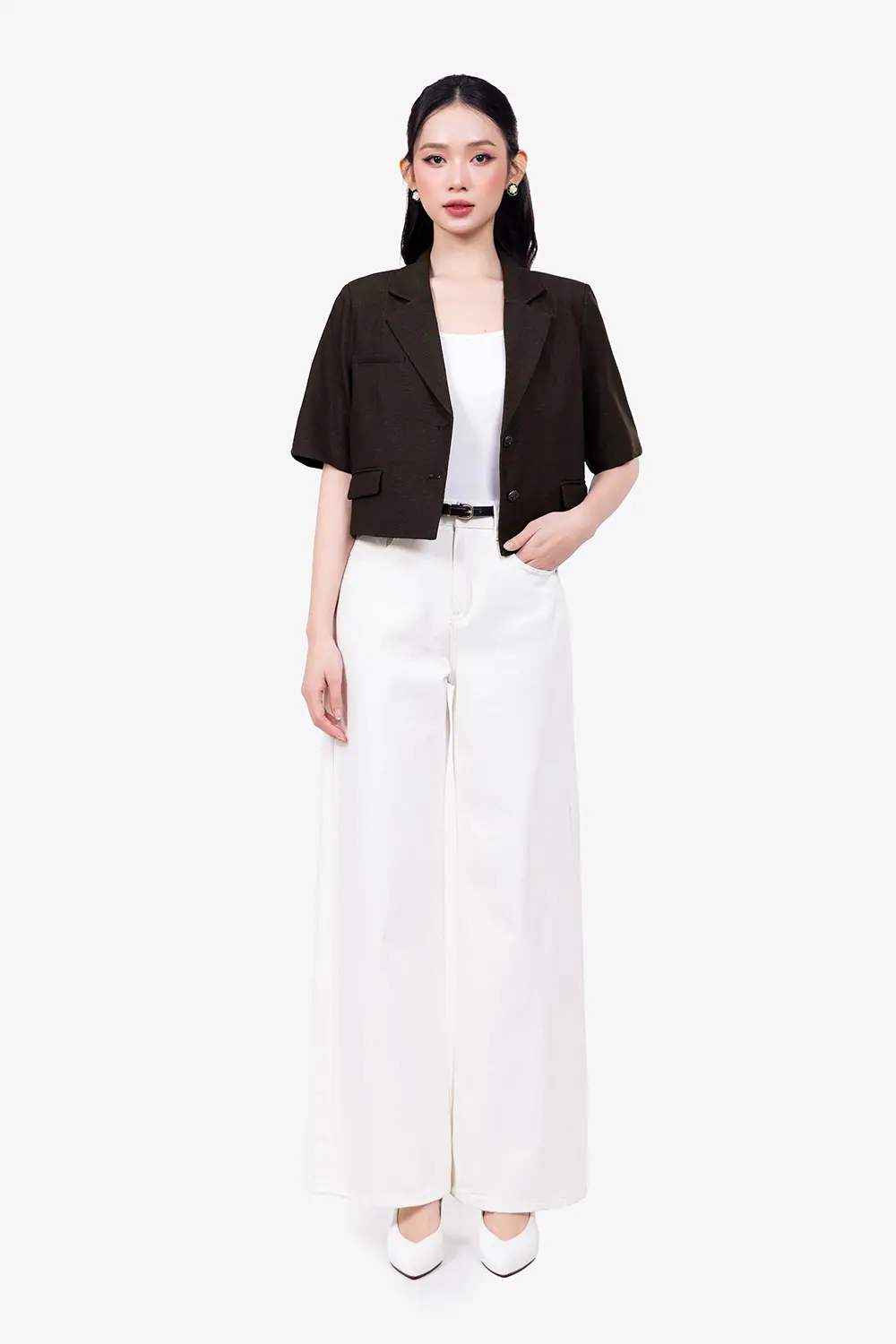 Áo khoác blazer ngắn tay màu nâu
