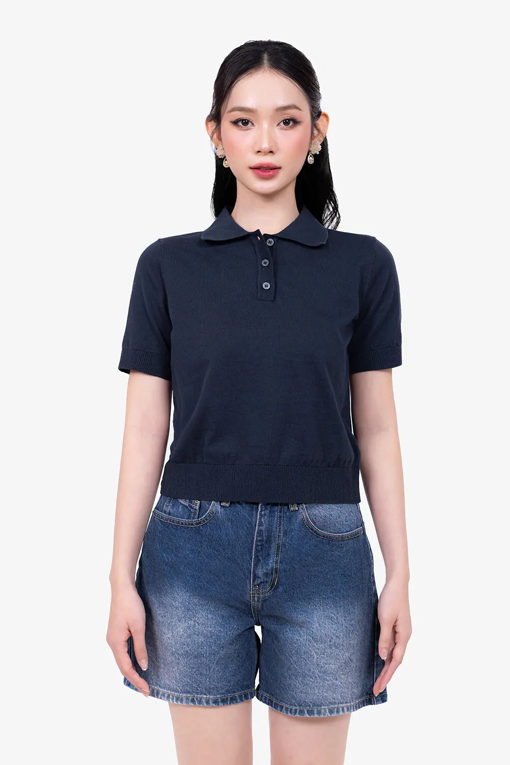 Áo len dệt kim cổ polo màu xanh đen