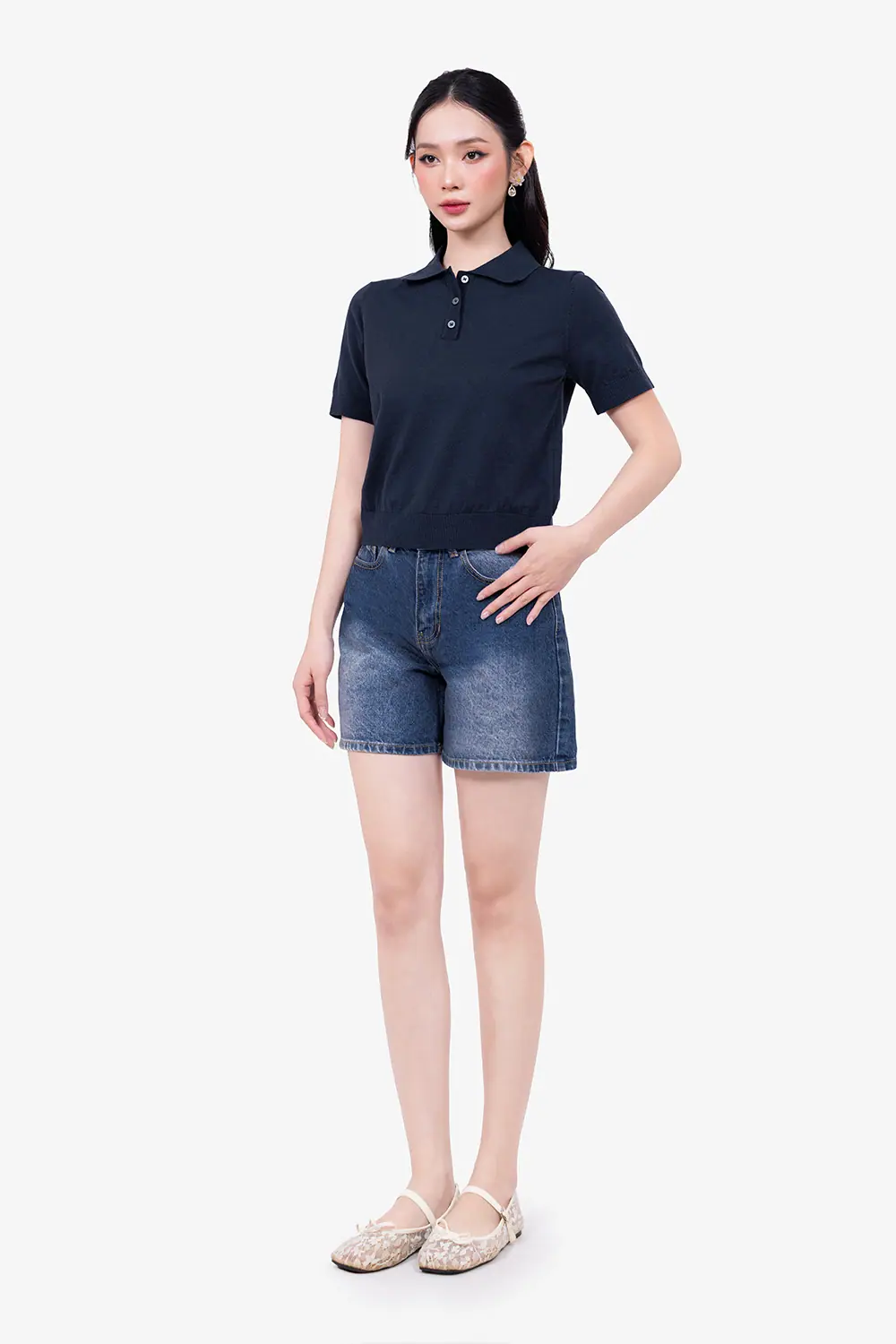 Áo len dệt kim cổ polo màu xanh đen