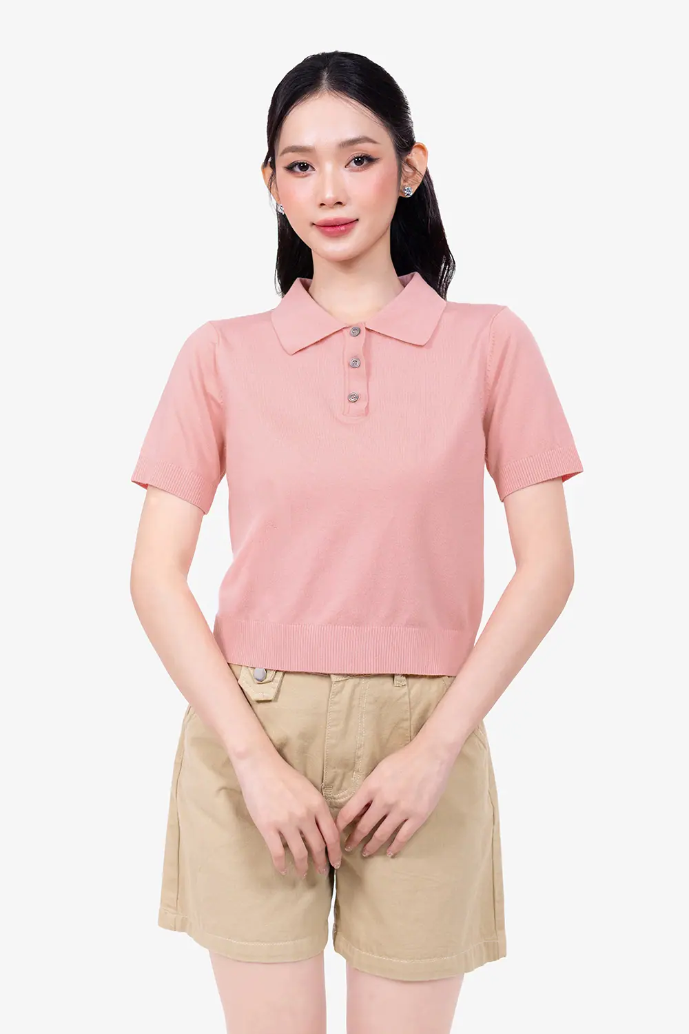 Áo len dệt kim polo hồng ngắn tay