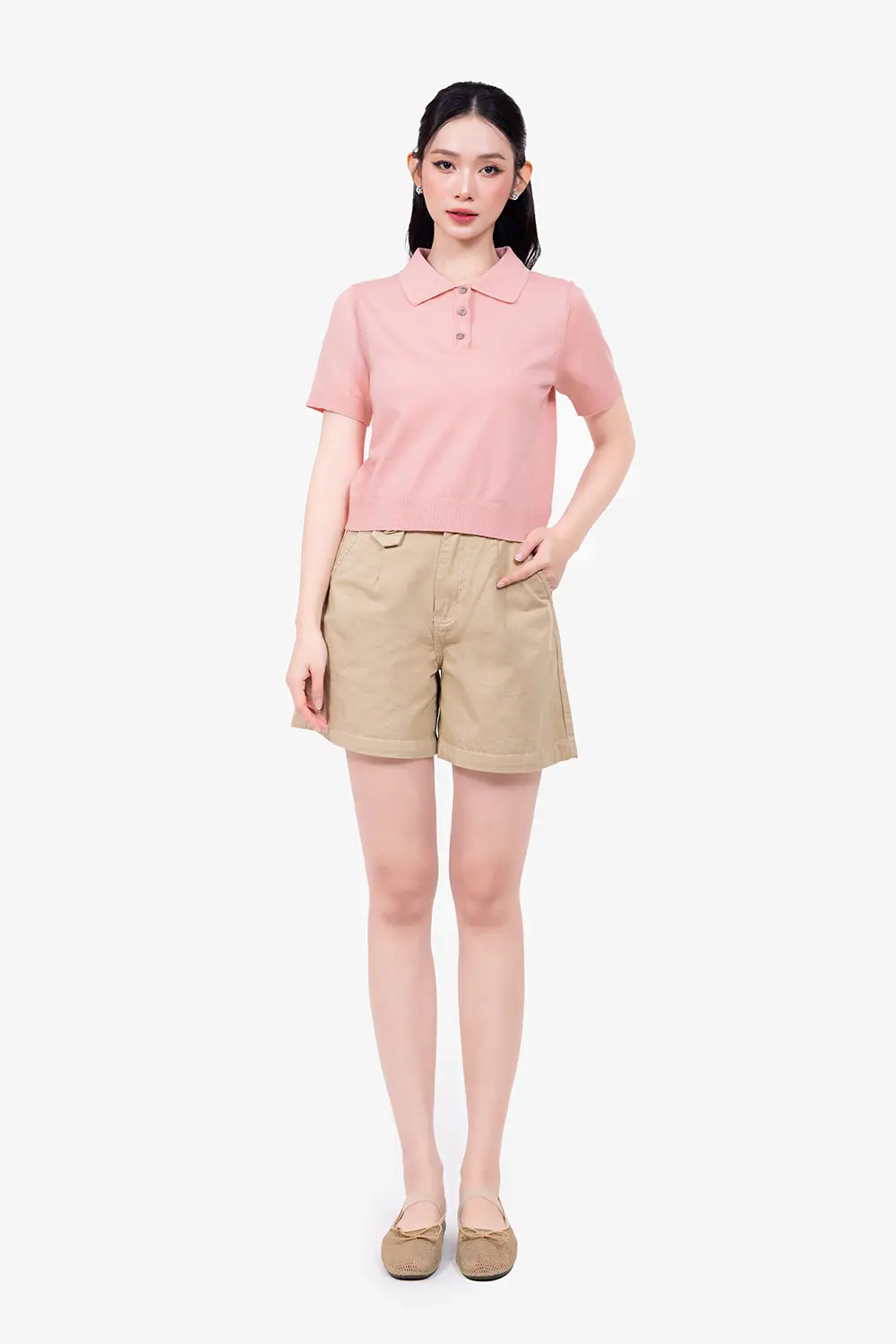 Áo len dệt kim polo hồng ngắn tay