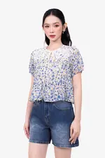 Áo kiểu hoa tay phồng cổ thắt nơ