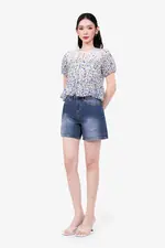Áo kiểu hoa tay phồng cổ thắt nơ