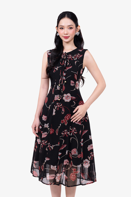 Đầm voan trung niên đen hoa dáng xòe sát nách