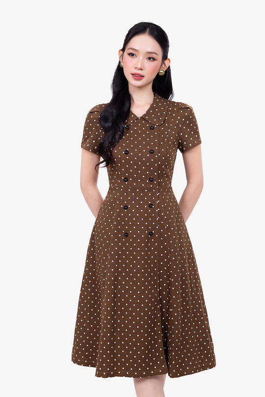 Đầm công sở chấm bi cổ sen đính hàng cúc trước