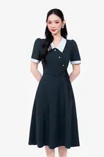 Đầm công sở dáng xòe cổ sơ mi phối viền