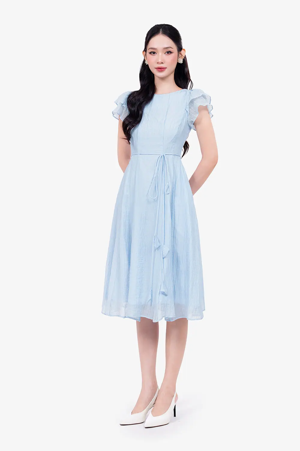 Đầm xòe màu xanh pastel tay cánh tiên