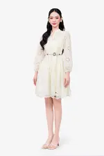 Đầm xòe xô thêu tay dài phối thắt lưng