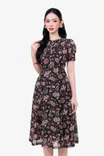 Đầm voan xòe nền đen họa tiết phối nút