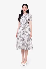 Đầm trắng họa tiết hoa dáng xòe