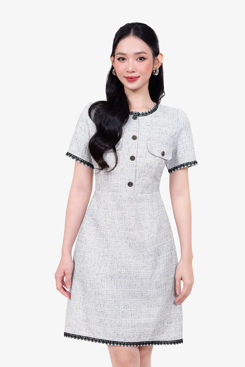 Đầm tweed chữ A công sở viền ren đen