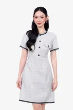 Đầm tweed chữ A công sở viền ren đen