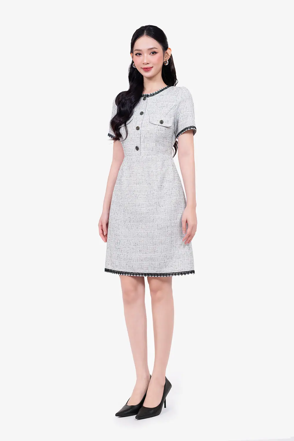 Đầm tweed chữ A công sở viền ren đen