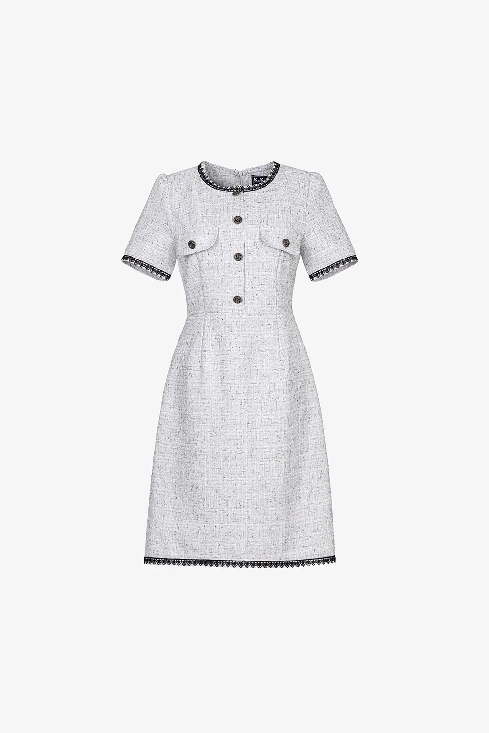 Đầm tweed chữ A công sở viền ren đen