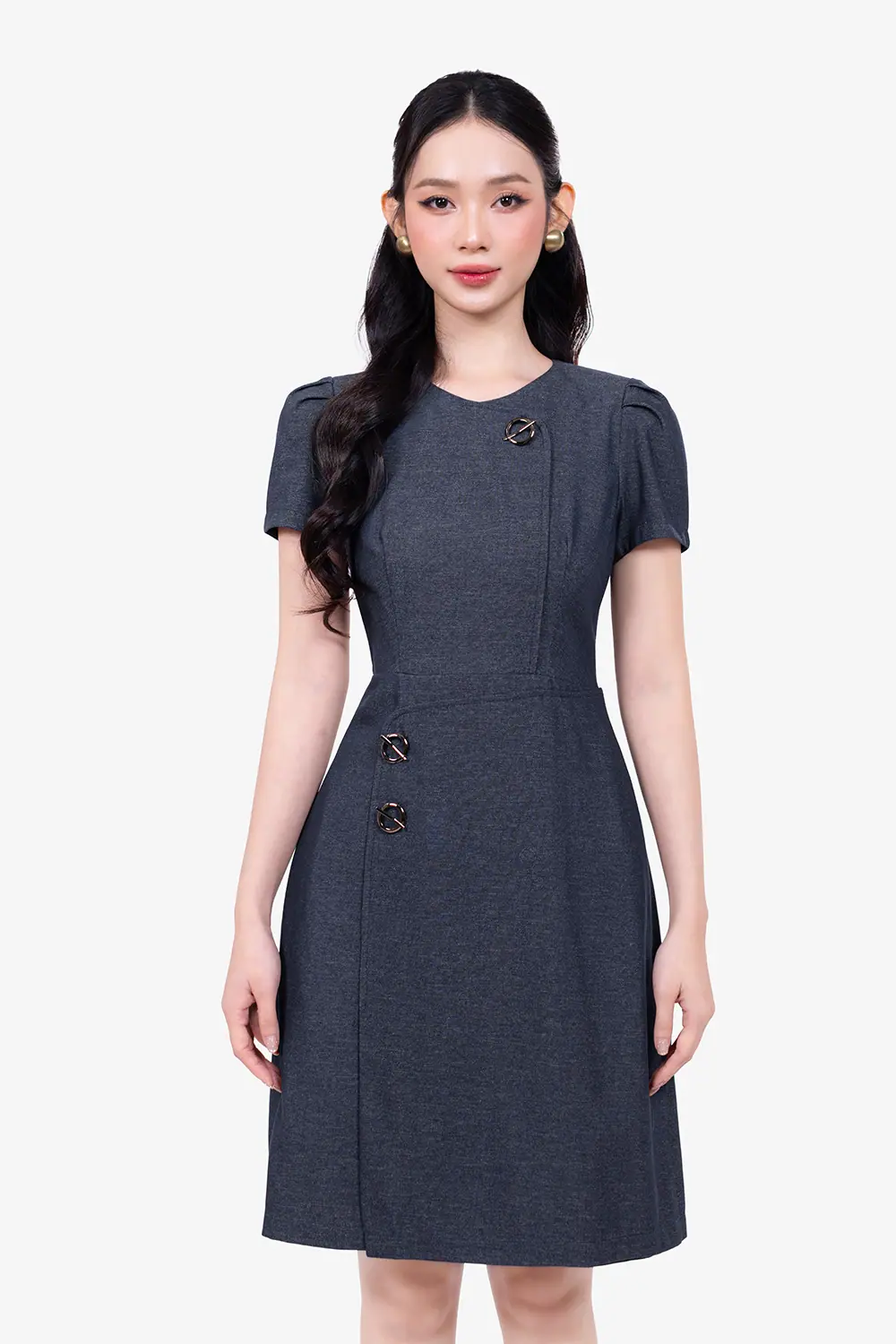 Đầm jean công sở dáng chữ A phối nút