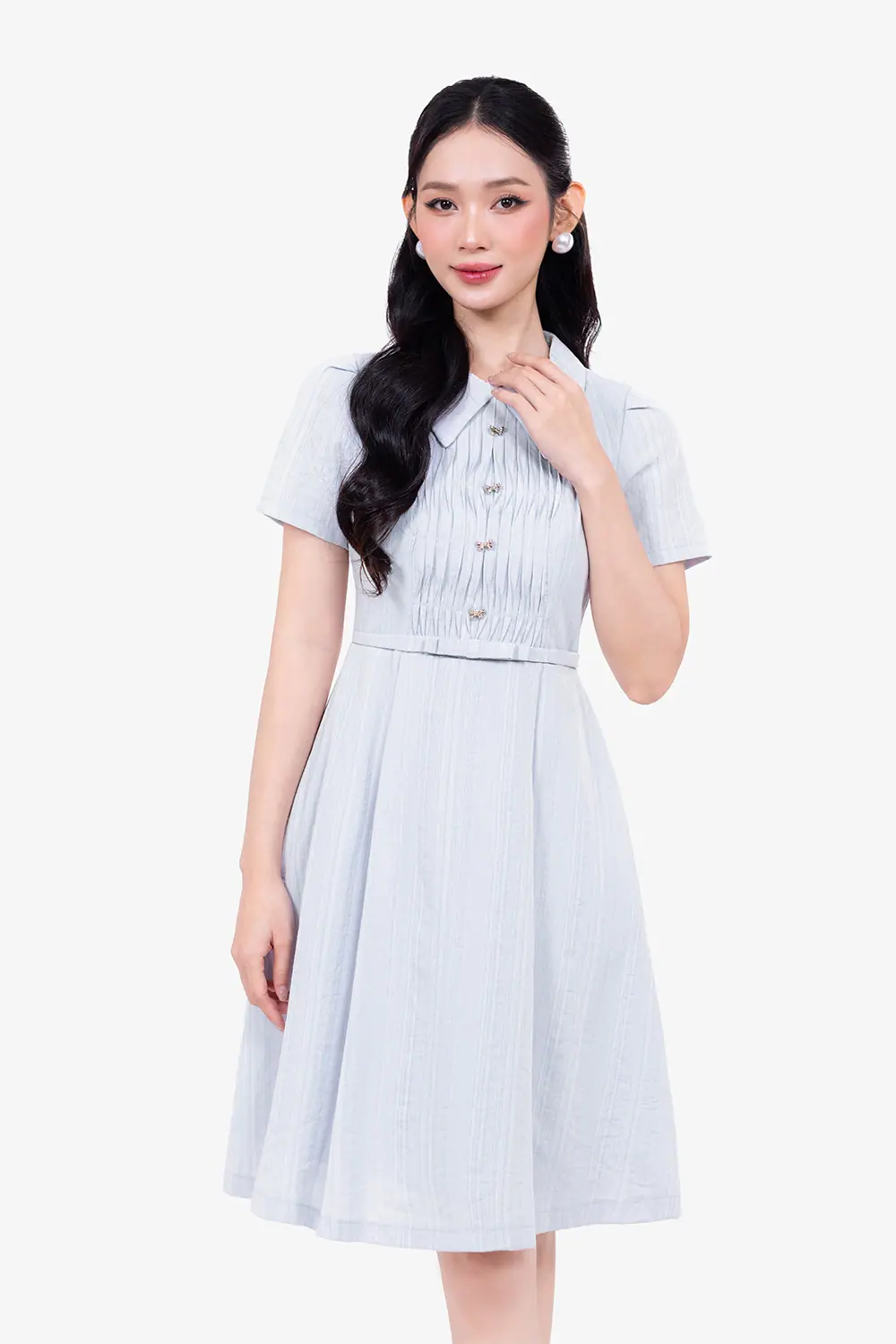 Đầm công sở chữ A cổ sen xếp ly ngực