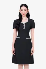 Đầm jean dáng chữ A cổ vuông phối viền bèo
