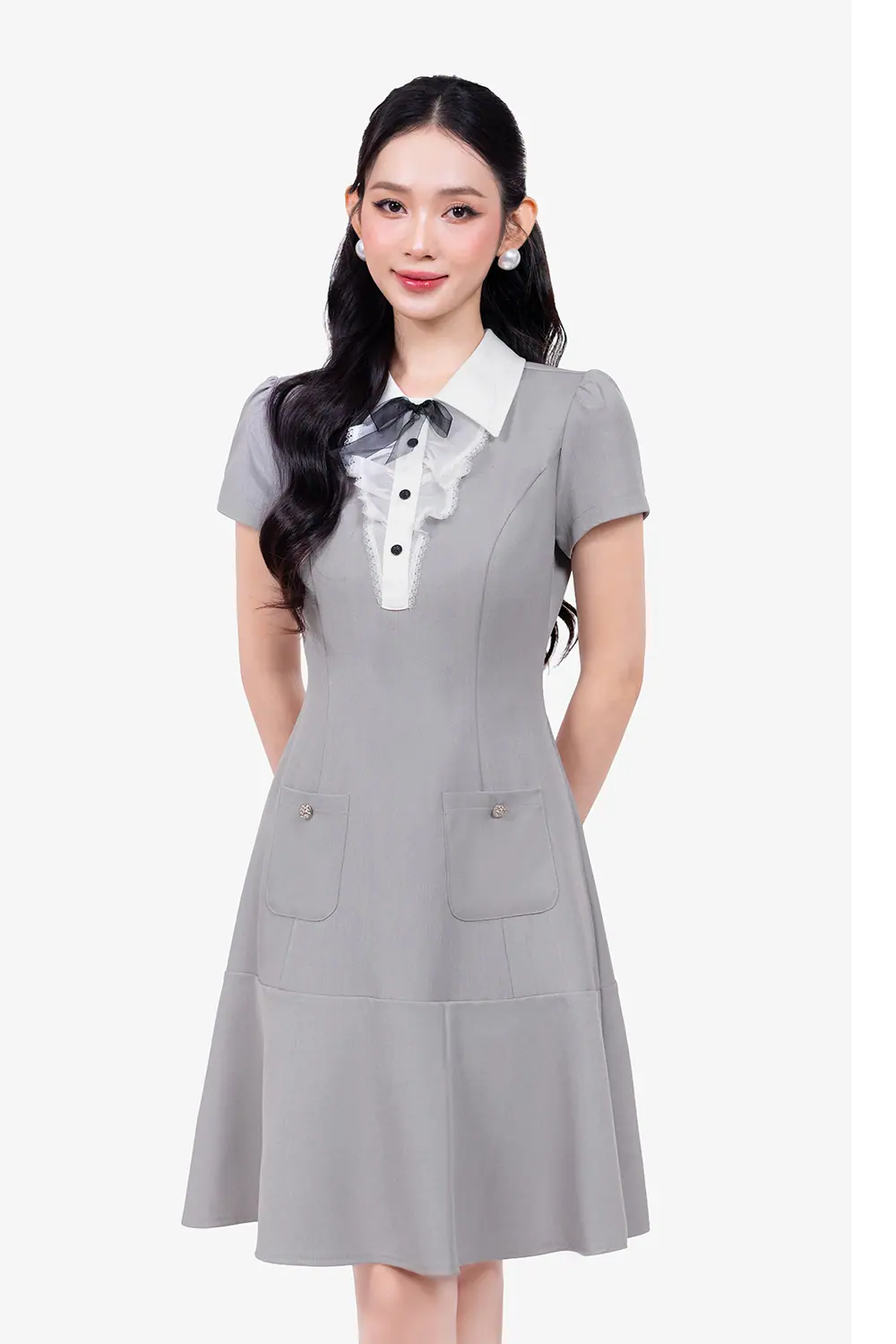 Đầm công sở đuôi cá cổ sơ mi đính nơ