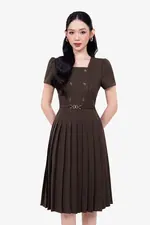 Đầm xòe xếp ly công sở phối nút
