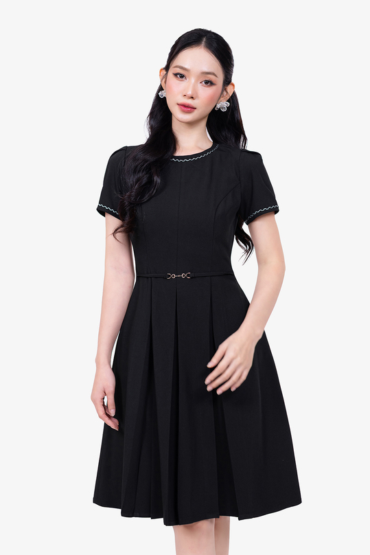 Đầm công sở dáng xòe xếp ly viền đăng ten