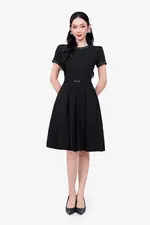 Đầm công sở dáng xòe xếp ly viền đăng ten