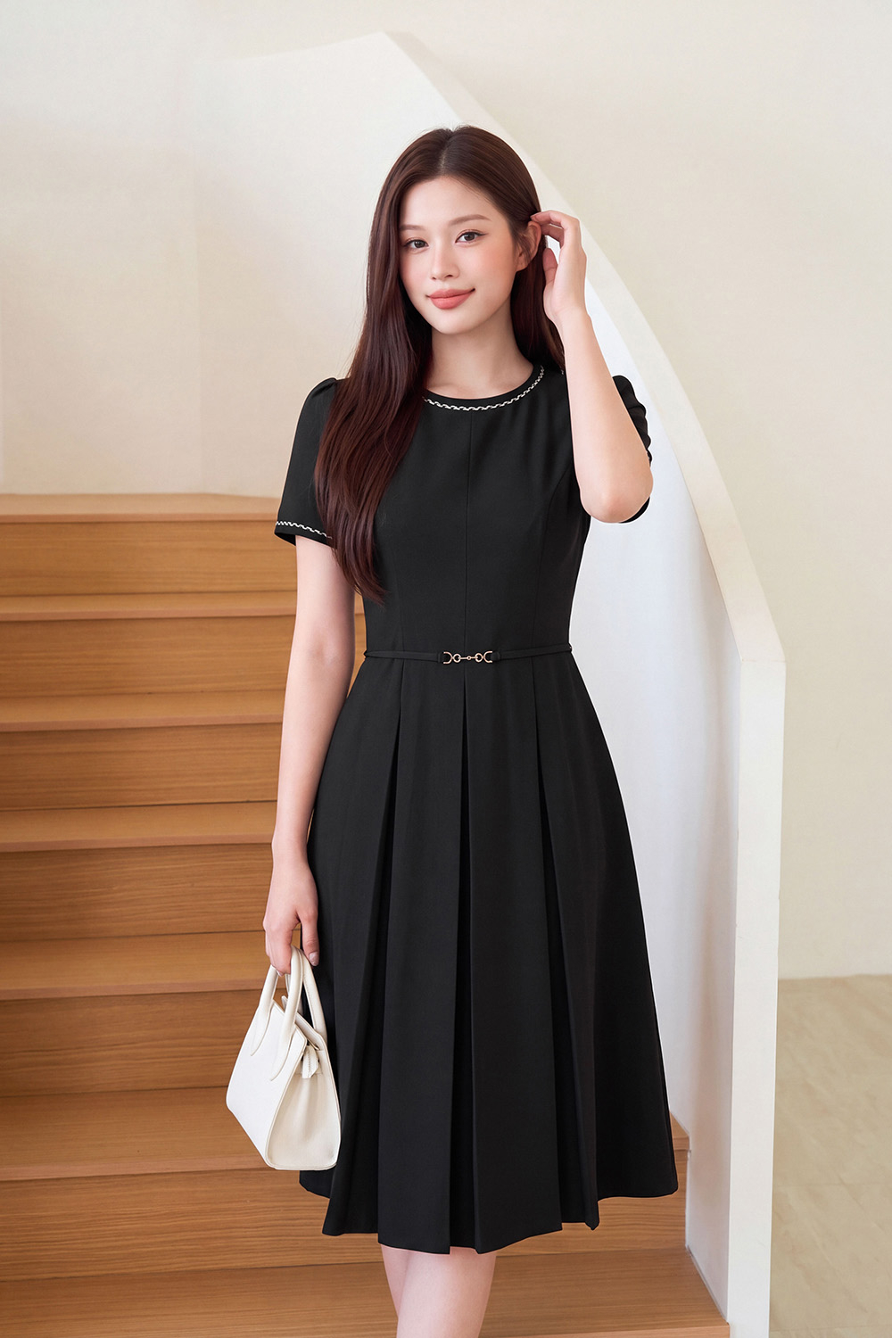 Đầm công sở dáng xòe xếp ly viền đăng ten