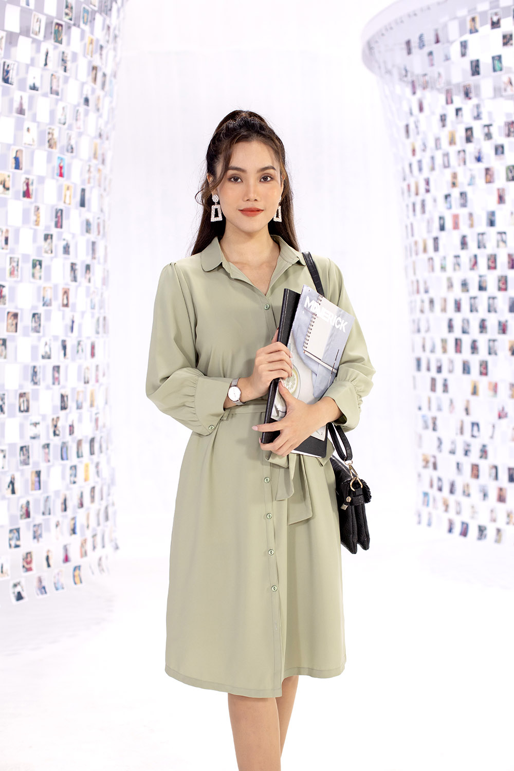 Đầm sơ mi tay dài thắt nơ eo 