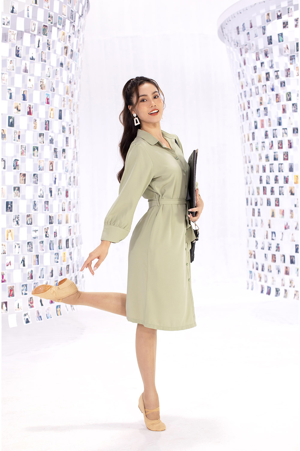 Đầm sơ mi tay dài thắt nơ eo 