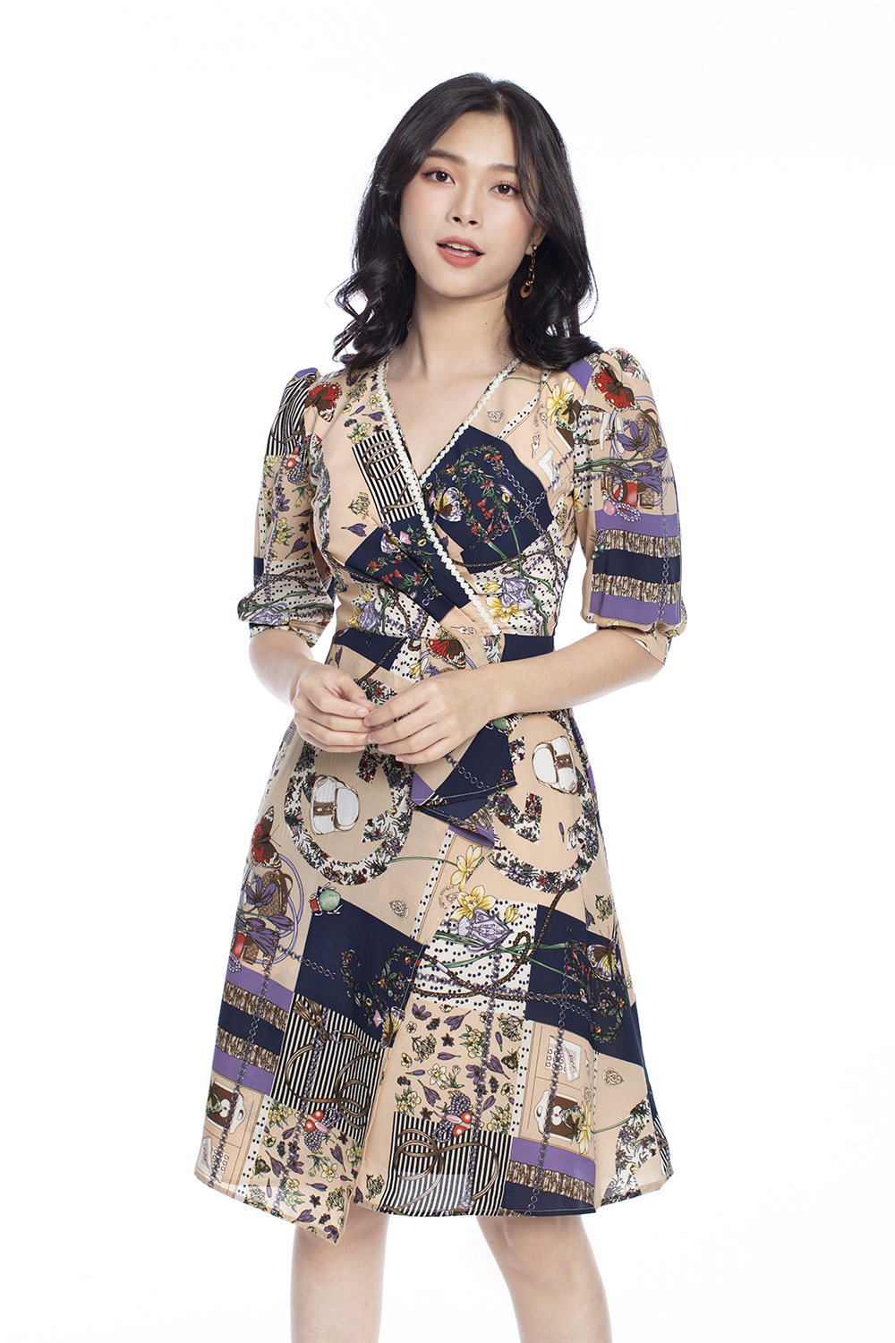 Đầm họa tiết cổ V tùng váy đắp xéo KK99-20 | Thời trang công sở ...