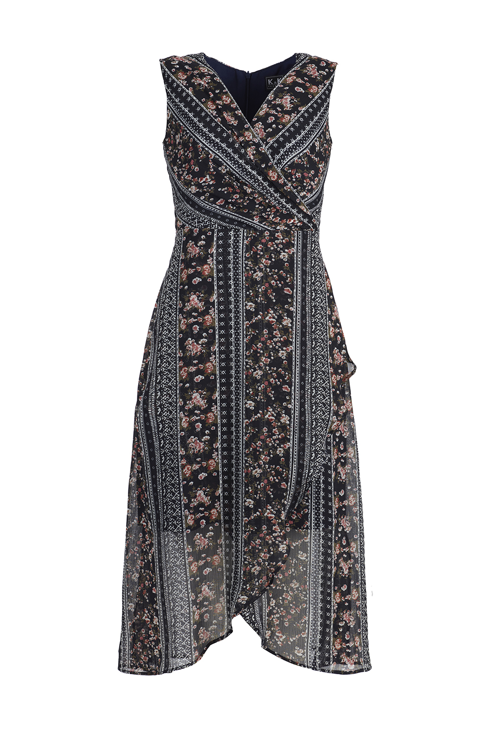 Đầm voan họa tiết tùng váy đắp xéo 