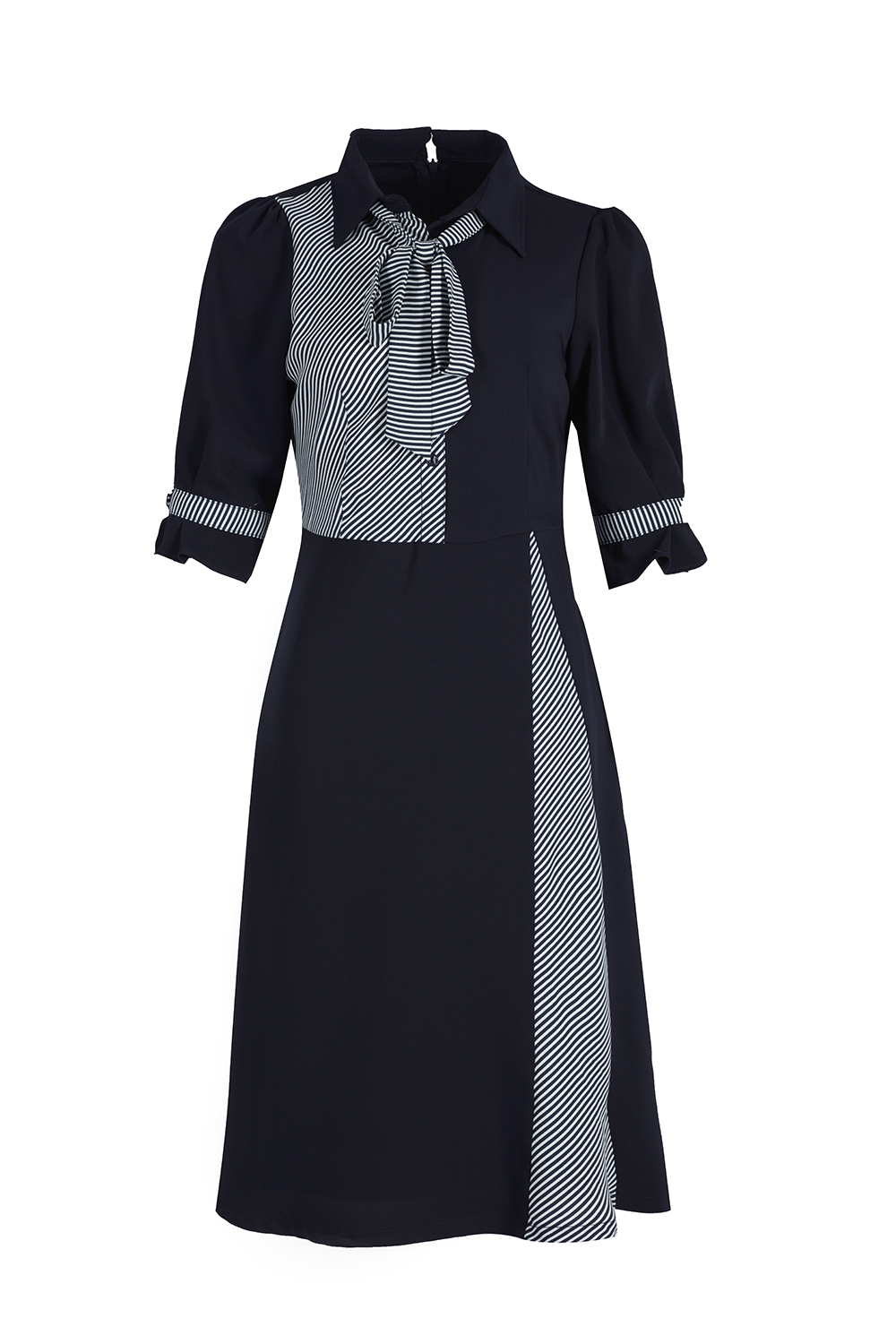 Đầm sơ mi xòe phối kẻ sọc cổ thắt nơ 