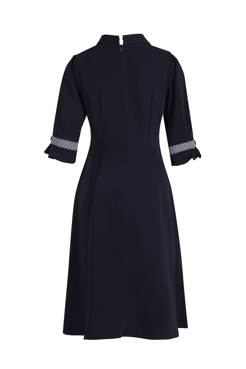 Đầm sơ mi xòe phối kẻ sọc cổ thắt nơ 