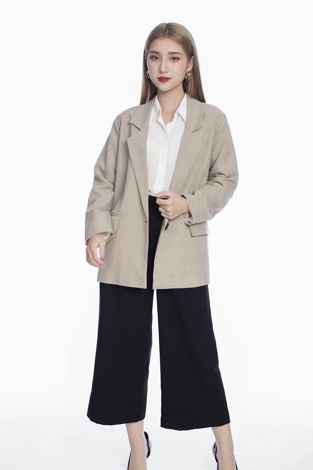 Áo khoác blazer nâu nhạt có túi 