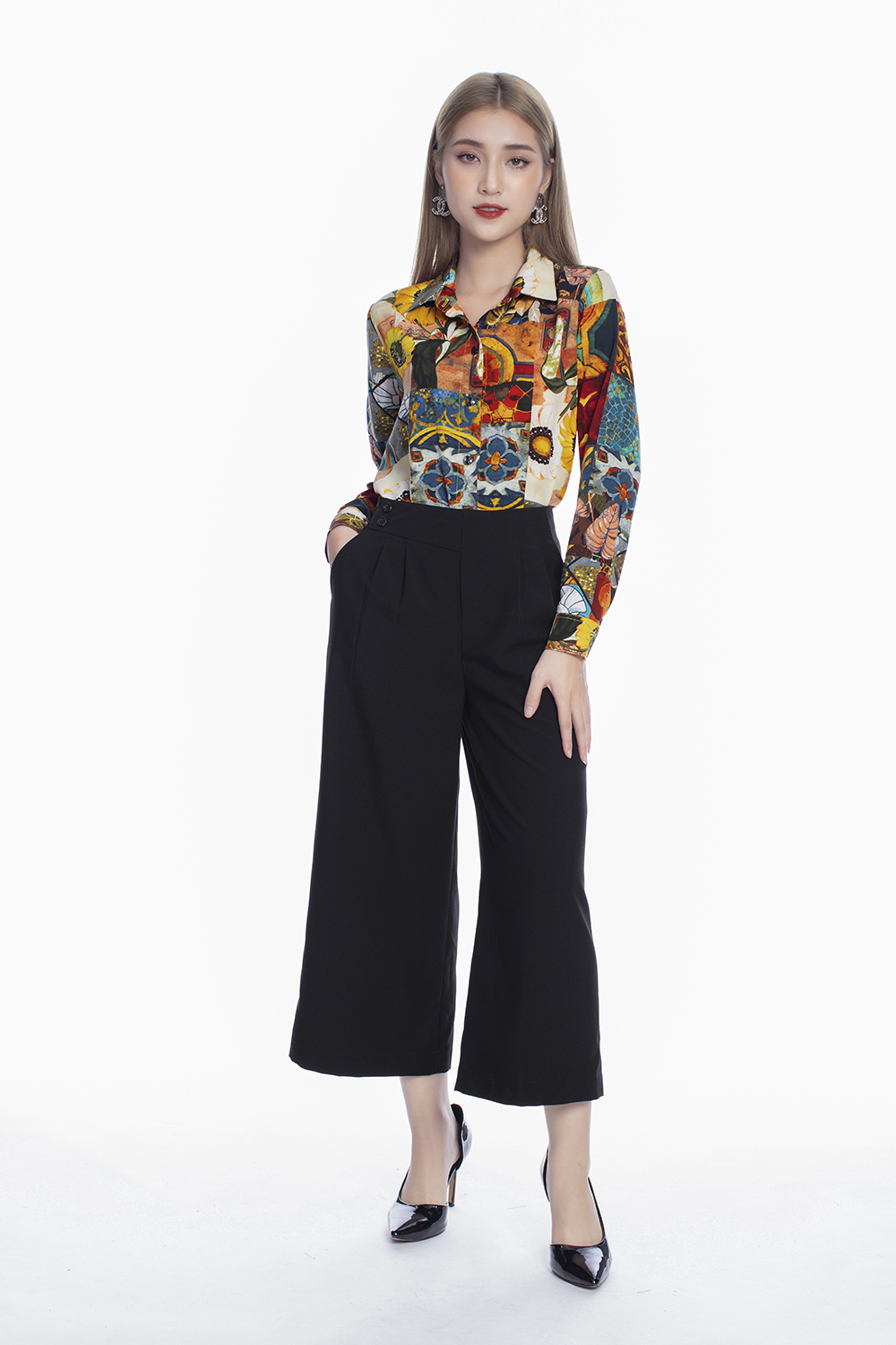 Quần culottes đen dáng lửng 