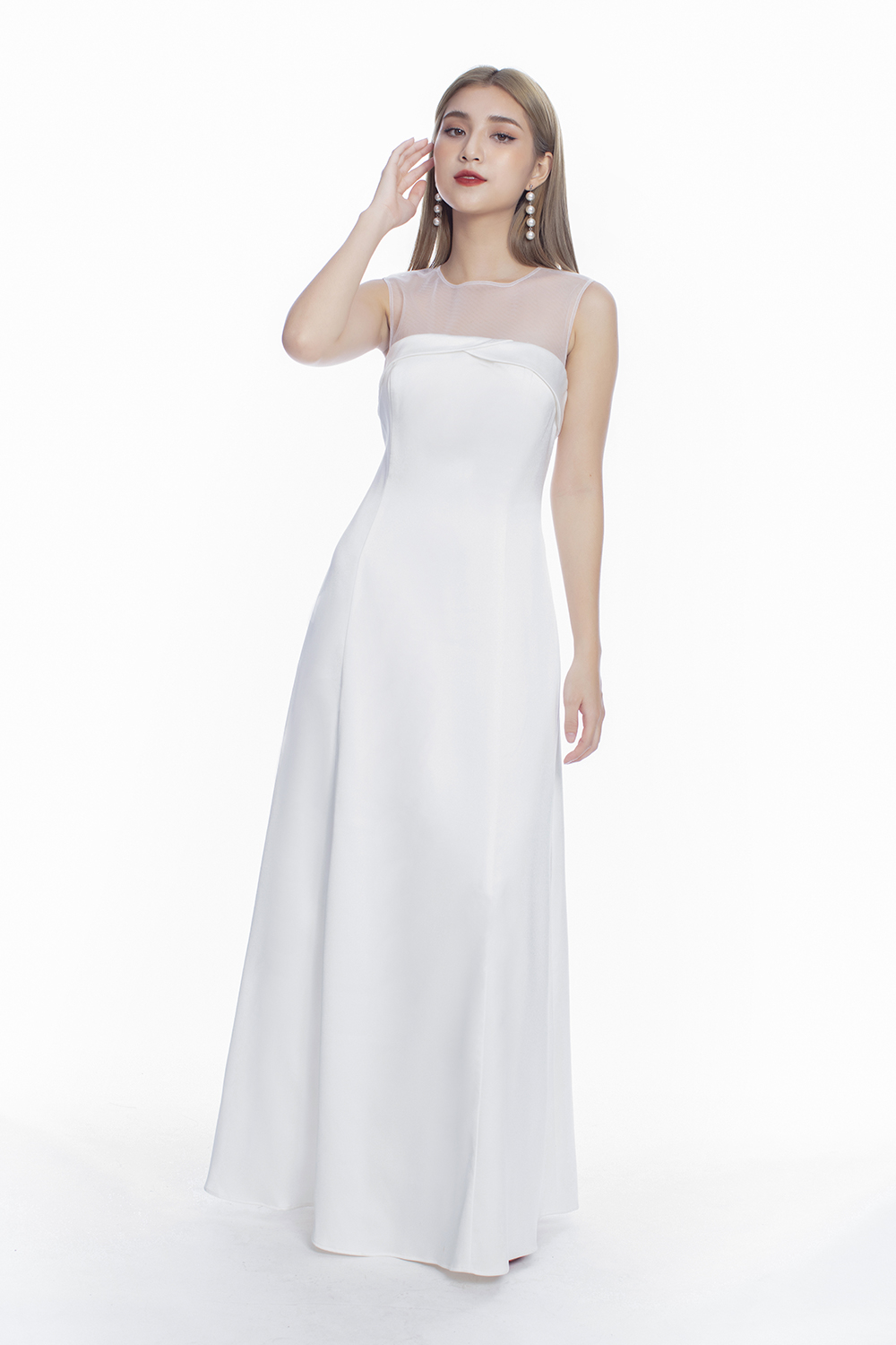 Đầm dự tiệc cưới phối ren lưới dáng dài 