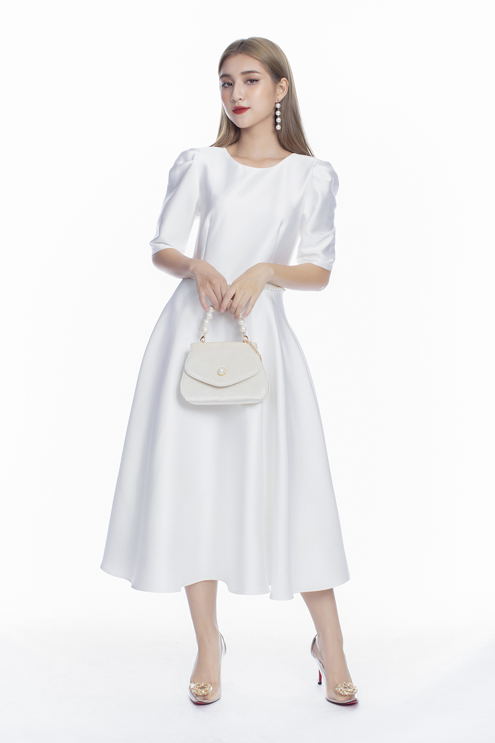 Đầm dự tiệc dáng xòe chất liệu mango 