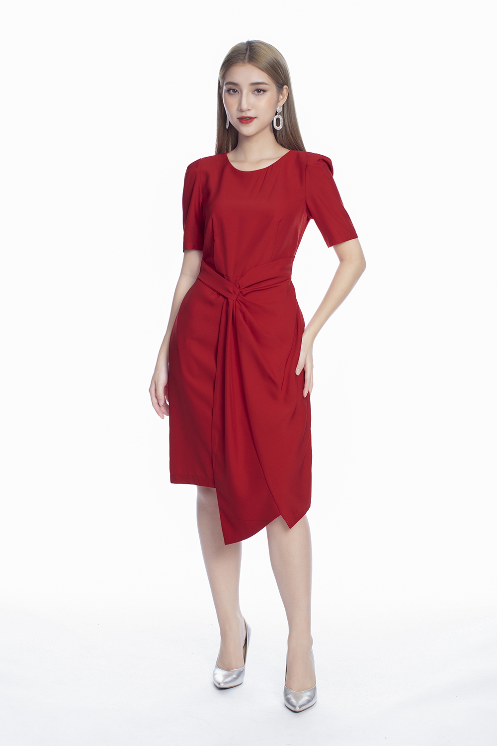 Đầm chữ A tay lỡ nhấn eo tùng váy đắp chéo 