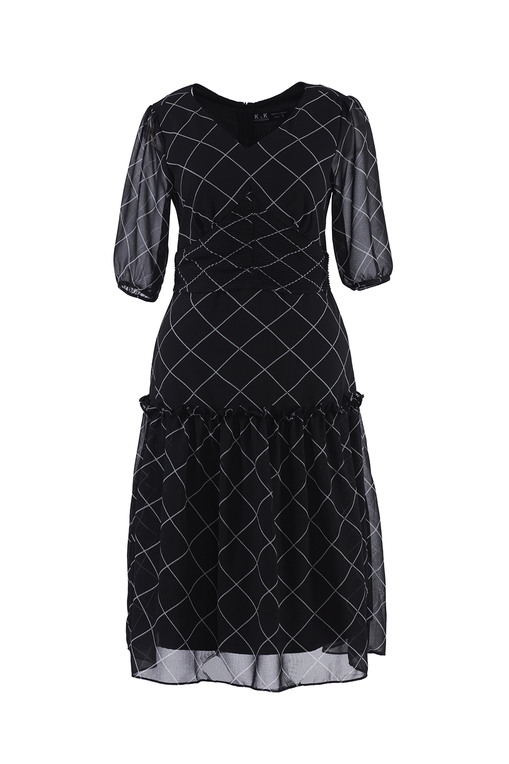 Đầm voan họa tiết caro cổ V 