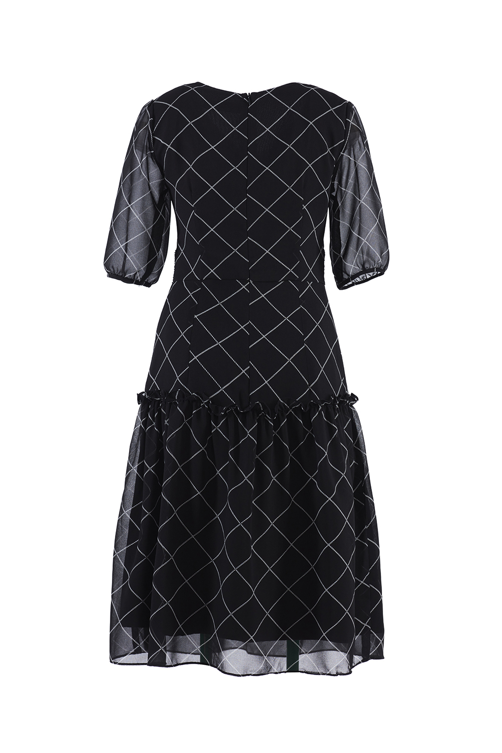 Đầm voan họa tiết caro cổ V 