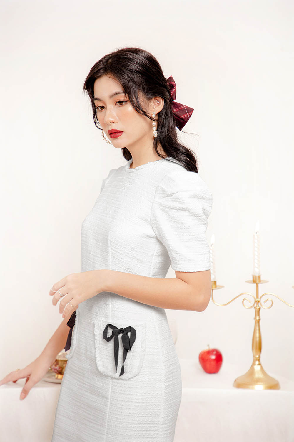 Đầm chữ A cổ tròn hai túi phối nơ HL14-08